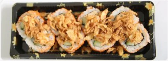 Gefrituurde garnalen, massago, japanse mayo en gebakken uitjes